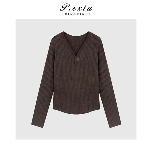 A008潘依绣丁丁宠粉休闲百搭通勤修身显瘦软糯V领长袖针织上衣Q27816 商品图0