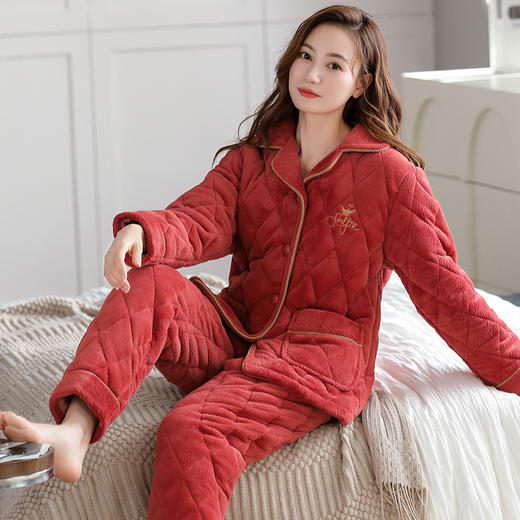 丁摩 加厚睡衣女款冬季可外穿加绒三层珊瑚绒夹棉套装家居服5ZF-9404 商品图1