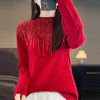 丁摩 新年喜庆100%羊毛大红色过年节日上衣女新款烫钻加厚短款针织毛衣5ZF-D118 商品缩略图1