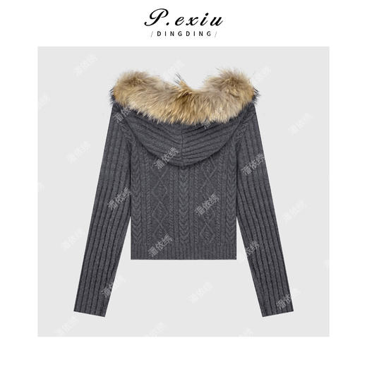 A008潘依绣丁丁宠粉羊毛复古慵懒风狐狸毛连帽双拉链长袖针织开衫Q55914 商品图1