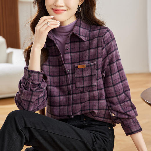 丁摩 毛呢加厚格子衬衫女秋装新款韩系复古宽松休闲衬衣女5ZF-410962 商品图0
