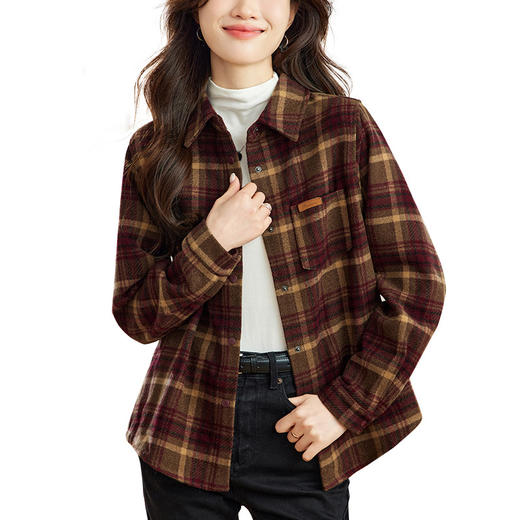 丁摩 毛呢加厚格子衬衫女秋装新款韩系复古宽松休闲衬衣女5ZF-410962 商品图4