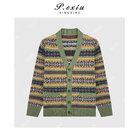 A008潘依绣丁丁宠粉羊毛费尔岛重工撞色提花慵懒V领长袖针织开衫Q99864