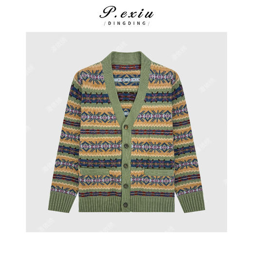 A008潘依绣丁丁宠粉羊毛费尔岛重工撞色提花慵懒V领长袖针织开衫Q99864 商品图0