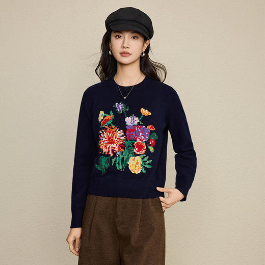 丁摩 100%羊毛重工立体刺绣牡丹花针织衫圆领长袖套头毛衣秋冬5ZF-17042 商品图1