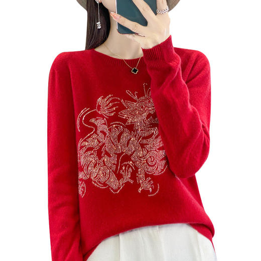 丁摩 新年喜庆100%羊毛大红色过年节日上衣女新款烫钻加厚短款针织毛衣5ZF-D118 商品图4