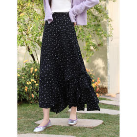 鹿向南「花影星踪」黑色碎花半身裙女春新款小个子高腰巨好看长裙