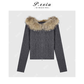 A008潘依绣丁丁宠粉羊毛复古慵懒风狐狸毛连帽双拉链长袖针织开衫Q55914