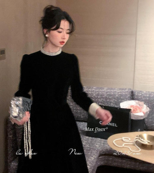 【Max Daex 法式优雅赫本风丝绒收腰连衣裙】满钻版钻条领口，绝美颈上星光!一针一线手工缝制!超重工! 商品图1
