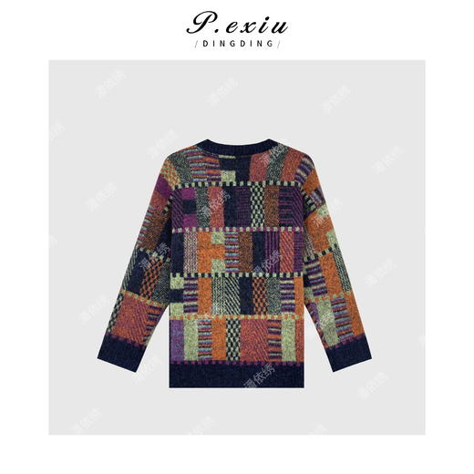 04-2潘依绣丁丁宠粉秋冬港风复古撞色格纹针织毛衣 Q61123 商品图1