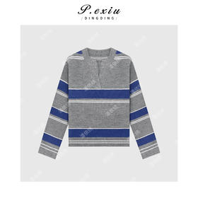 A008潘依绣丁丁宠粉羊毛撞色条纹设计感V领套头长袖针织毛衣 L2570