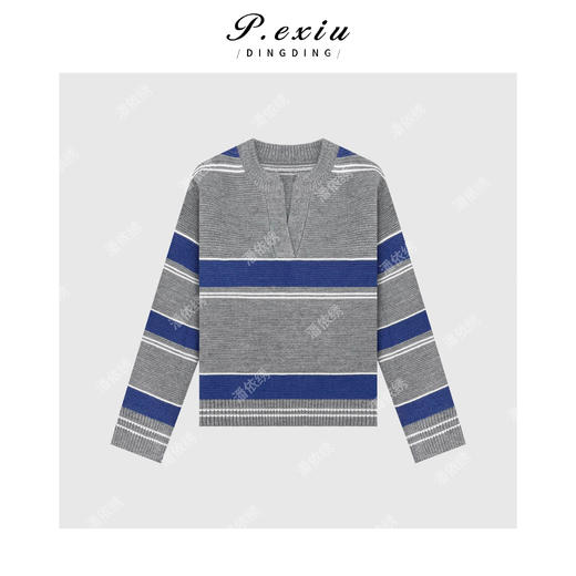 A008潘依绣丁丁宠粉羊毛撞色条纹设计感V领套头长袖针织毛衣 L2570 商品图0