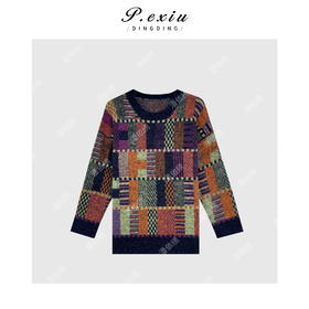 04-2潘依绣丁丁宠粉秋冬港风复古撞色格纹针织毛衣 Q61123