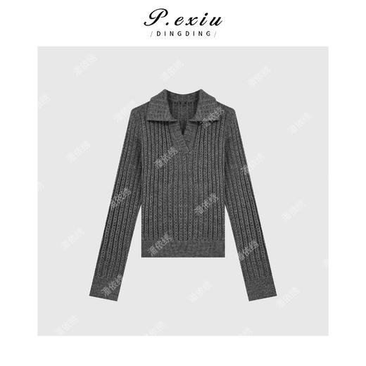 04-6潘依绣丁丁宠粉慵懒风小V领坑条翻领针织衫 Q56061 商品图0