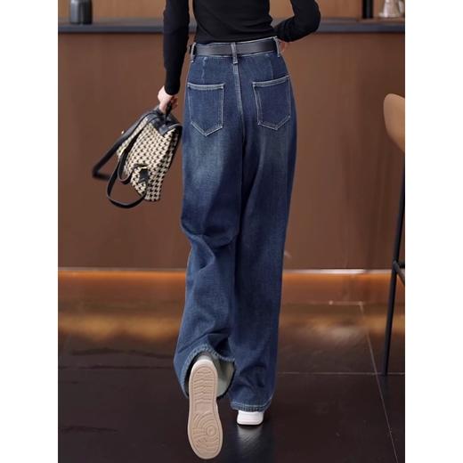 丁摩 深蓝色弯刀牛仔裤女秋季新款时尚修身直筒裤高级感显瘦阔腿裤5ZF-1195 商品图2