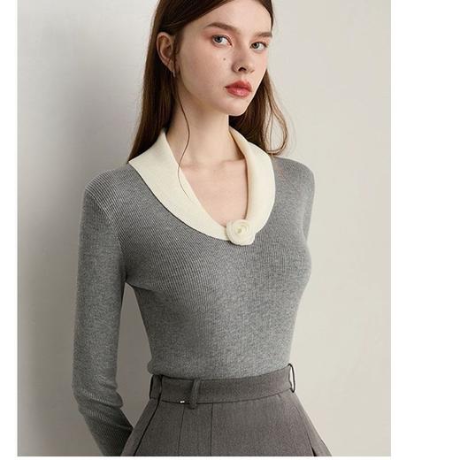 馥迦法式灰色花朵翻领针织衫 ｜ 白玫瑰点缀，诠释法式浪漫，优雅高级！ 商品图6