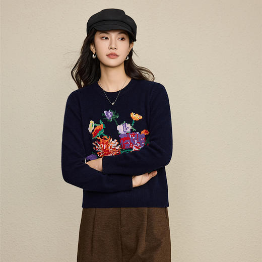 丁摩 100%羊毛重工立体刺绣牡丹花针织衫圆领长袖套头毛衣秋冬5ZF-17042 商品图2