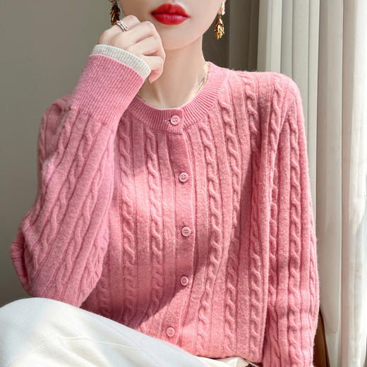 丁摩羊毛混纺秋冬新款女装圆领小麻花拼色时尚保暖短款针织开衫外套5ZF-551 商品图1