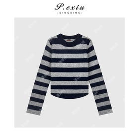 04-2潘依绣丁丁宠粉复古慵懒条纹圆领针织毛衣Q5462