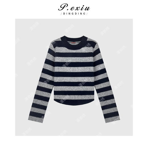 04-2潘依绣丁丁宠粉复古慵懒条纹圆领针织毛衣Q5462 商品图0