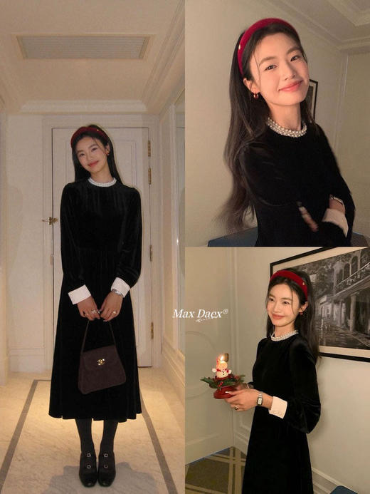 【Max Daex 法式优雅赫本风丝绒收腰连衣裙】满钻版钻条领口，绝美颈上星光!一针一线手工缝制!超重工! 商品图3