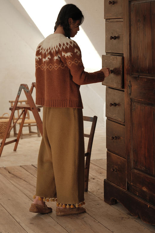 大地+苔藓绿色调手工撞色手工小毛球长裤 - 100%超细美丽诺强缩工艺羊毛 商品图5