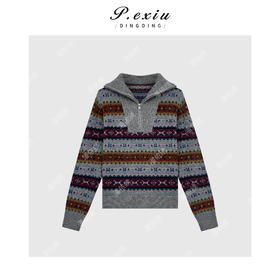 04-2潘依绣丁丁宠粉菲儿岛半拉链条纹针织毛衣 Q56070