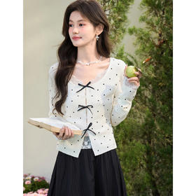 鹿向南「轻花漫雨」杏色波点针织纱女春蕾丝拼接收腰短款法式上衣