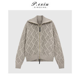 A008潘依绣丁丁宠粉羊毛老钱风菱格纹亮片双拉链立领长袖针织开衫Q55984