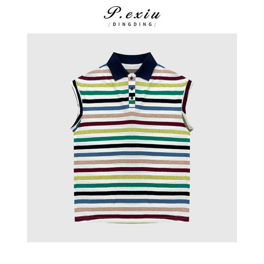 04-1潘依绣丁丁宠粉彩虹条纹坎肩短袖针织上衣Q2781 商品图0