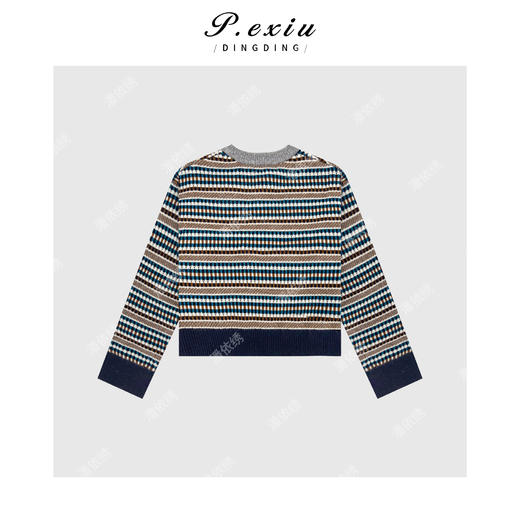 04-2潘依绣丁丁宠粉法式风条纹撞色排扣圆领针织 Q45051 商品图1
