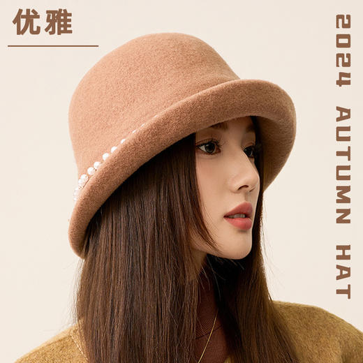 丁摩 名媛小香风珍珠羊毛礼帽法式气质盆帽秋冬天保暖帽子5ZF-M3240 商品图1