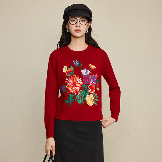 丁摩 100%羊毛重工立体刺绣牡丹花针织衫圆领长袖套头毛衣秋冬5ZF-17042 商品图3