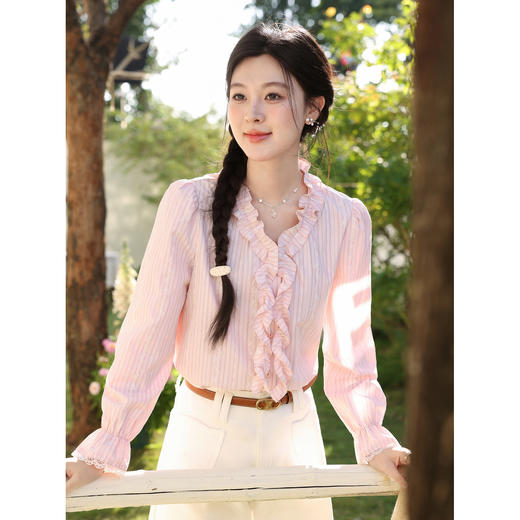 鹿向南「薄雾玫瑰」法式木耳边粉色条纹衬衫女春独特漂亮长袖上衣 商品图0