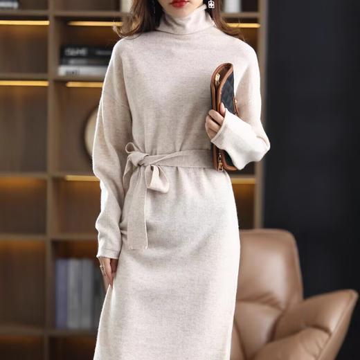 丁摩 秋冬100羊毛纯色高领堆领中长款针织连衣裙腰带气质收腰打底5ZF-2166 商品图1