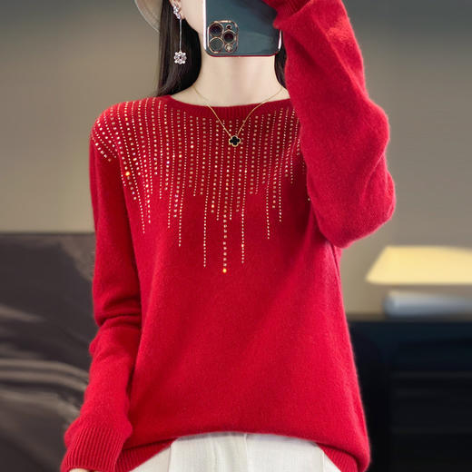 丁摩 新年喜庆100%羊毛大红色过年节日上衣女新款烫钻加厚短款针织毛衣5ZF-D118 商品图2