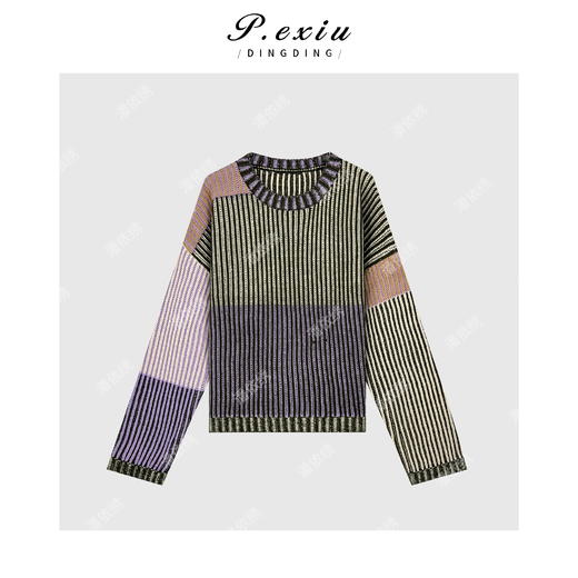 04-2潘依绣丁丁宠粉复古条纹撞色圆领针织毛衣 Q56051 商品图0