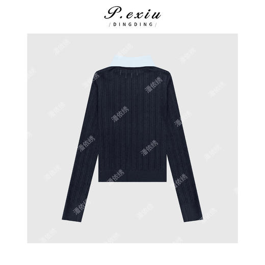 04-2潘依绣丁丁宠粉衬衫领拼镂空长袖针织上衣Q13213 商品图1