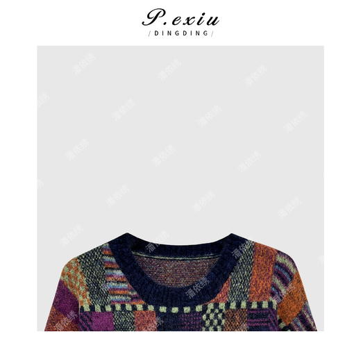 04-2潘依绣丁丁宠粉秋冬港风复古撞色格纹针织毛衣 Q61123 商品图2