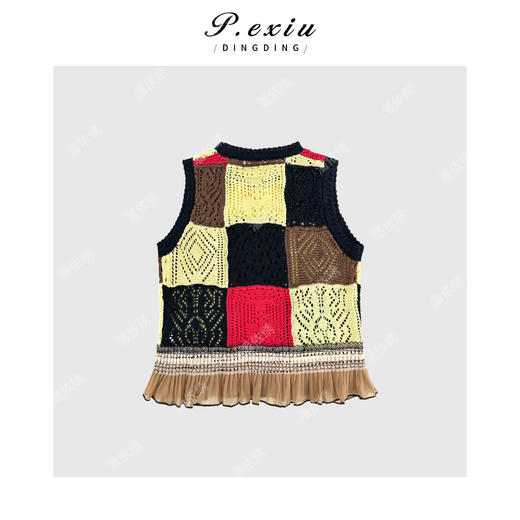 04-1潘依绣丁丁宠粉港风复古撞色镂空下摆拼接针织上衣Q1648 商品图1