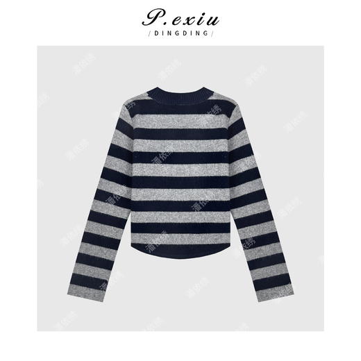 04-2潘依绣丁丁宠粉复古慵懒条纹圆领针织毛衣Q5462 商品图1