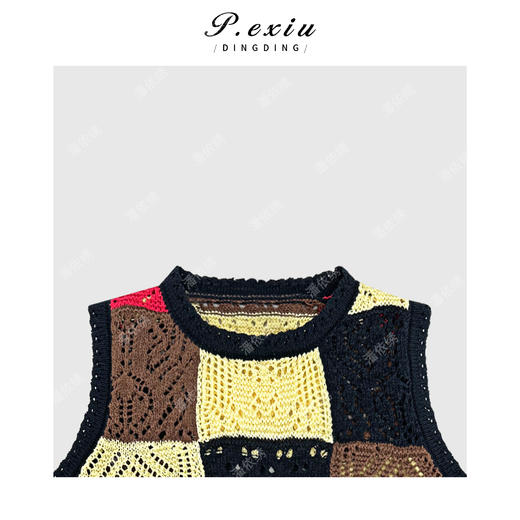 04-1潘依绣丁丁宠粉港风复古撞色镂空下摆拼接针织上衣Q1648 商品图2