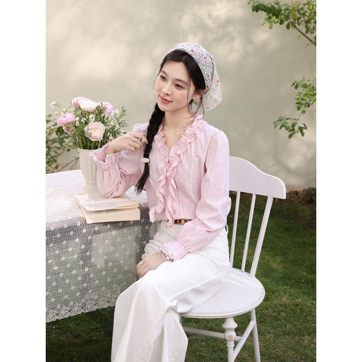 鹿向南「薄雾玫瑰」法式木耳边粉色条纹衬衫女春独特漂亮长袖上衣 商品图4