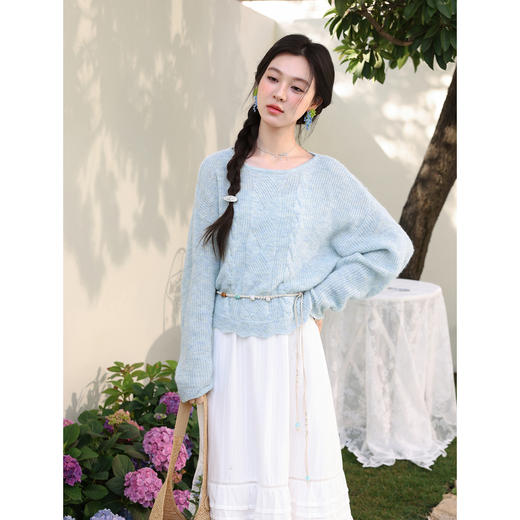 鹿向南「风信子」慵懒感蓝色针织衫女春季收腰显瘦圆领长袖上衣 商品图2