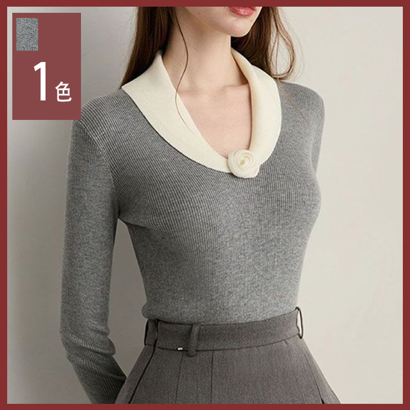 馥迦法式灰色花朵翻领针织衫