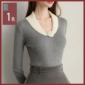 馥迦法式灰色花朵翻领针织衫 ｜ 白玫瑰点缀，诠释法式浪漫，优雅高级！