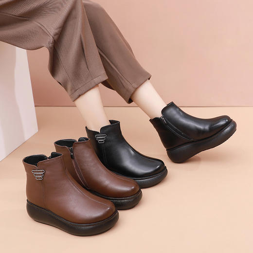 丁摩 冬季新款厚底大码真皮短靴女鞋圆头加绒保暖马丁靴皮鞋女5ZF-R966 商品图2