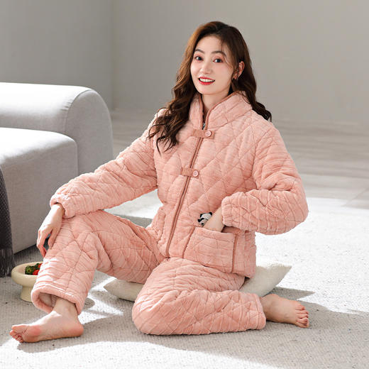 丁摩 加厚睡衣女款冬季可外穿加绒三层珊瑚绒夹棉套装家居服5ZF-9404 商品图2