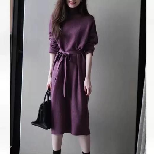 丁摩 秋冬100羊毛纯色高领堆领中长款针织连衣裙腰带气质收腰打底5ZF-2166 商品图2