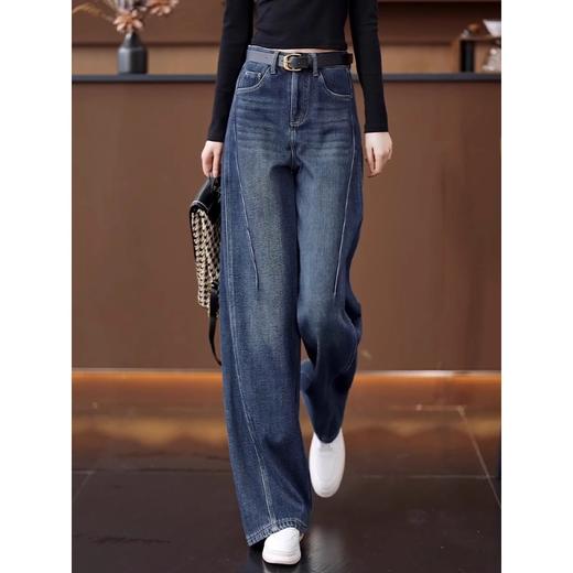 丁摩 深蓝色弯刀牛仔裤女秋季新款时尚修身直筒裤高级感显瘦阔腿裤5ZF-1195 商品图3